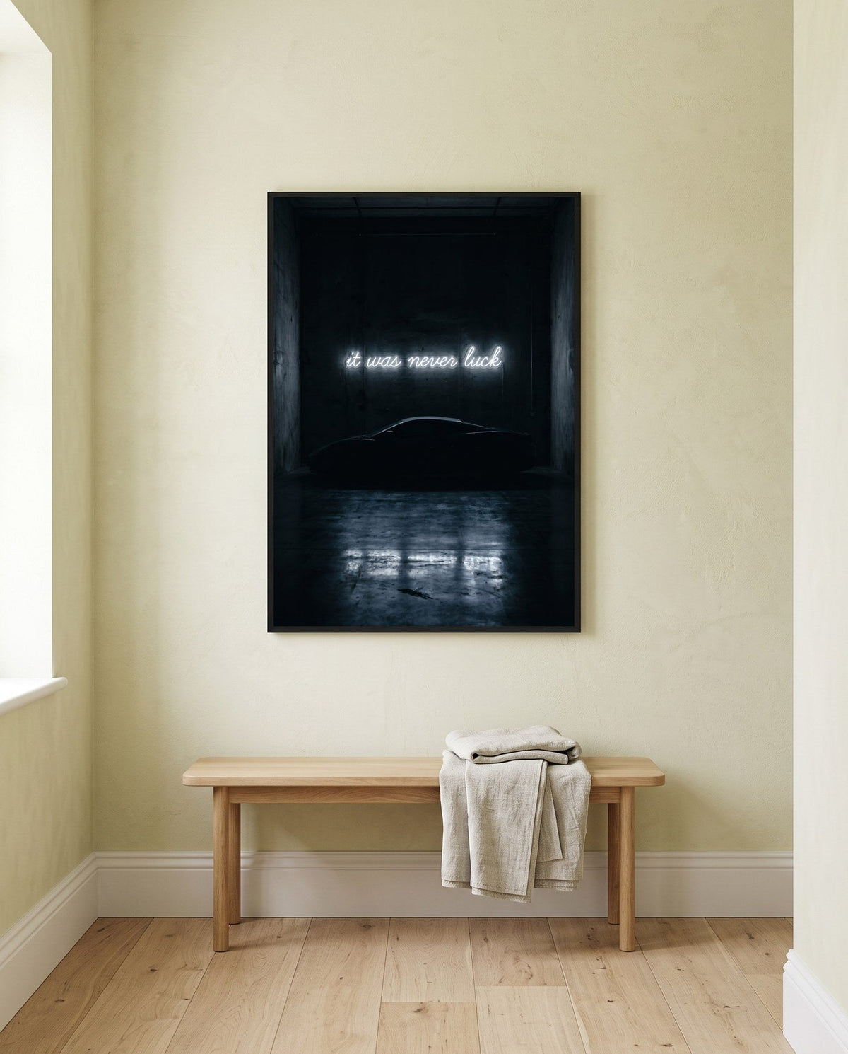 IT WAS NEVER LUCK, framed print on a wall in a digitally created room