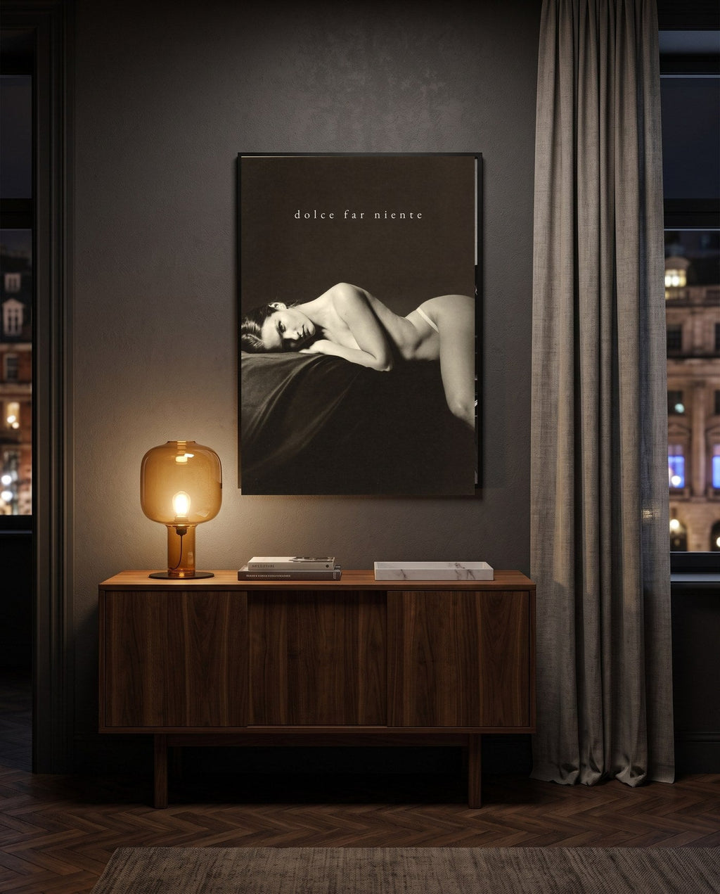 DOLCE FAR NIENTE, framed print on a wall in a digitally created room
