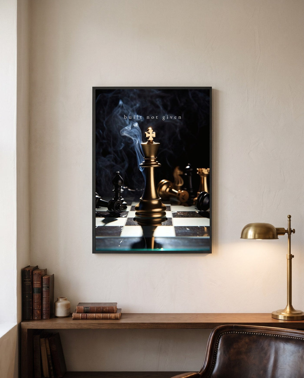 BUILT NOT GIVEN, framed print on a wall in a digitally created room