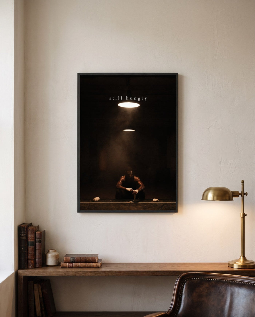 STILL HUNGRY, framed print on a wall in a digitally created room