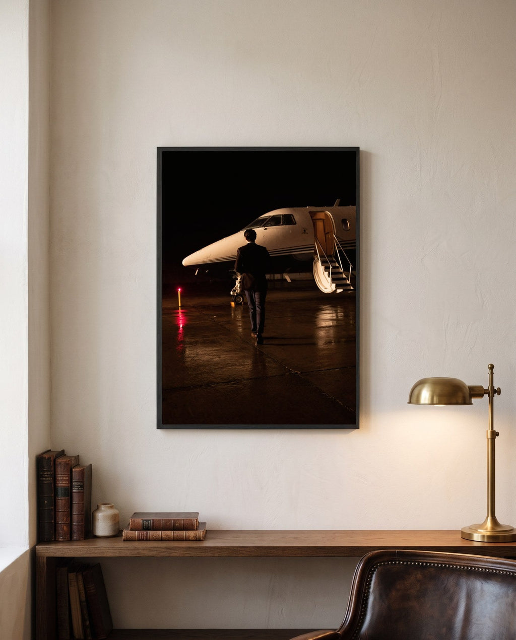 BOARDING SOON, framed print on a wall in a digitally created room