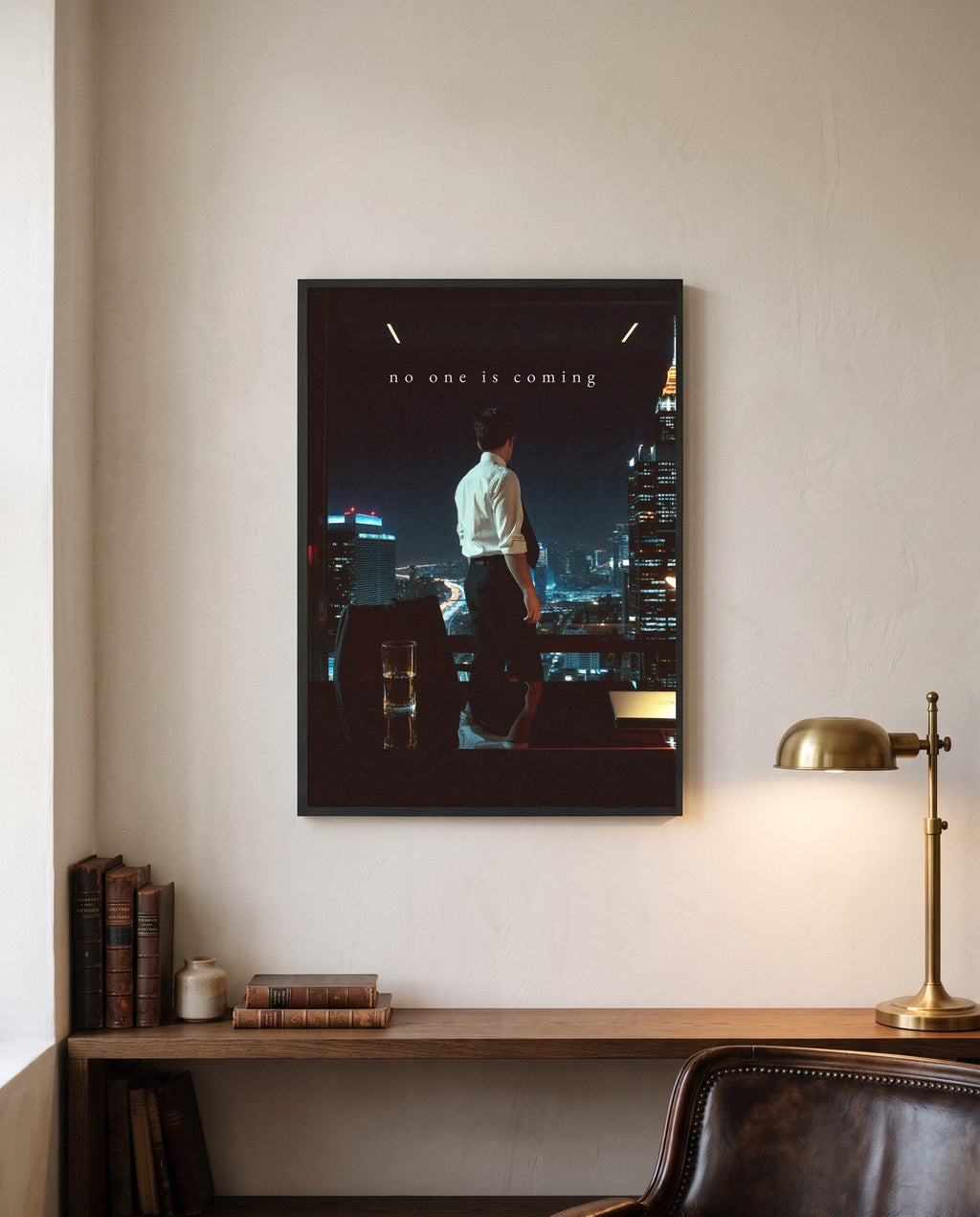 NO ONE IS COMING, framed print on a wall in a digitally created room