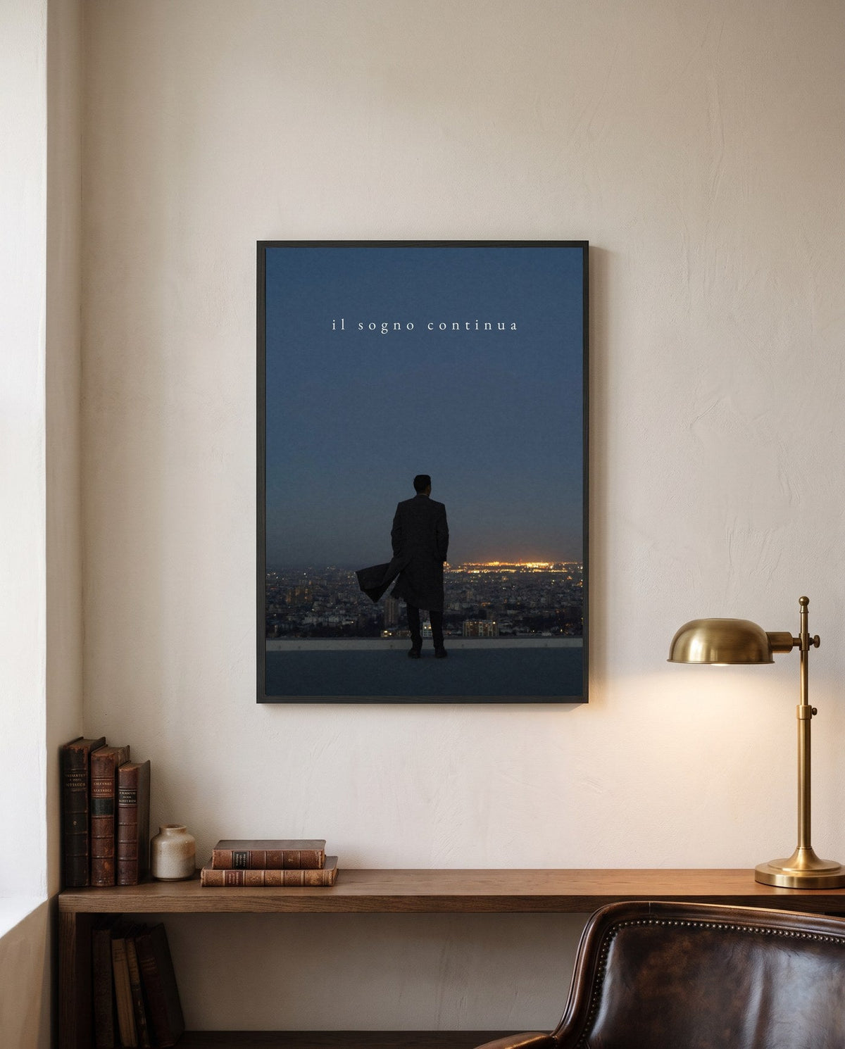 IL SOGNO CONTINUA, framed print on a wall in a digitally created room